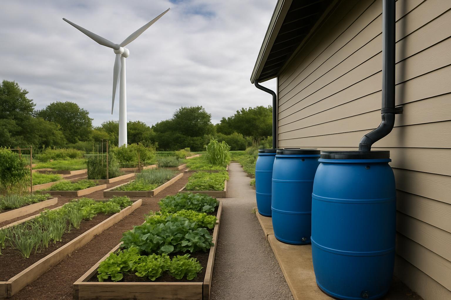 • Multiple plastic rain barrels connected to downspouts for water collection • Three raised garden beds with soil and plan...