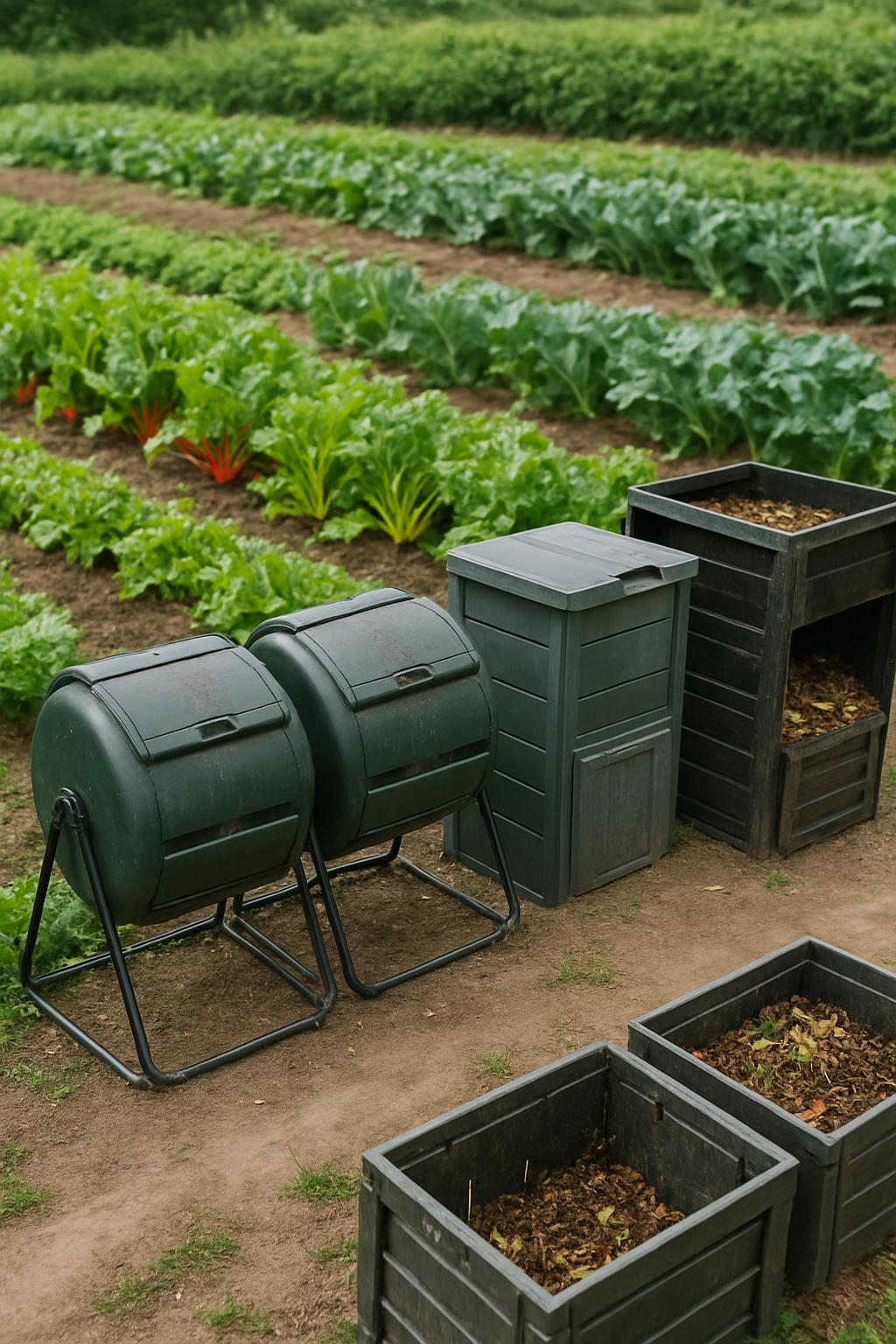 A photo of a large, vegetable garden and several pieces of garden waste infrastructure, including two black composters, a ...