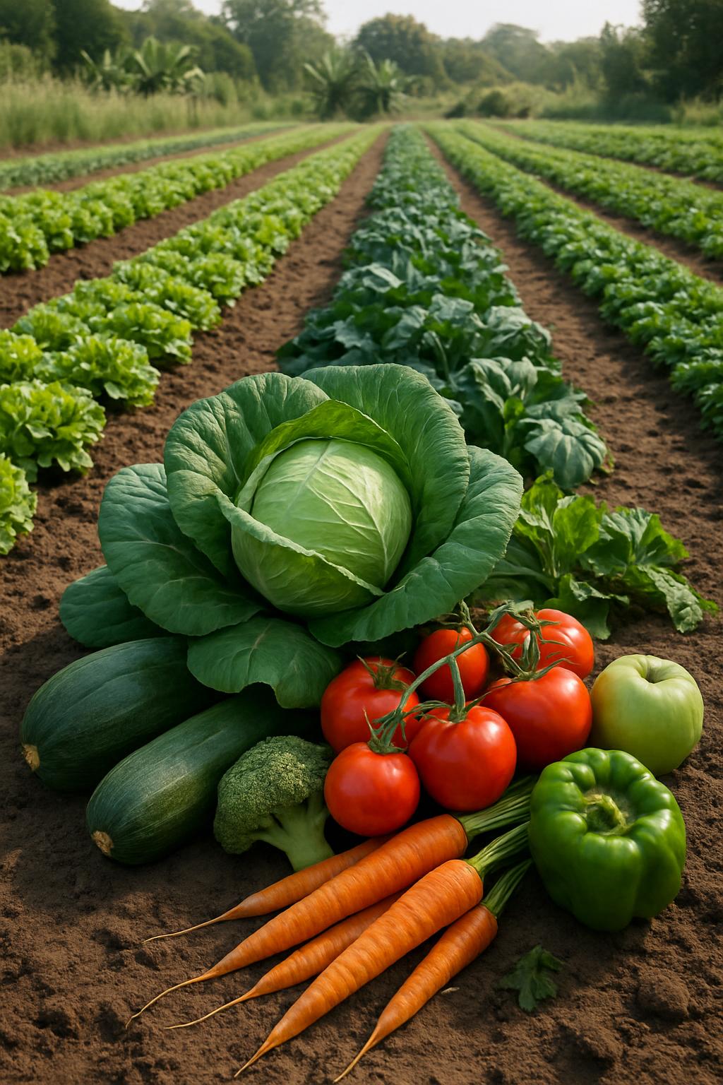 vegetables in a field. fresh veggies on dirt. rows of green leafy plants. cabbage, carrots, tomatoes, zucchini, bell peppe...